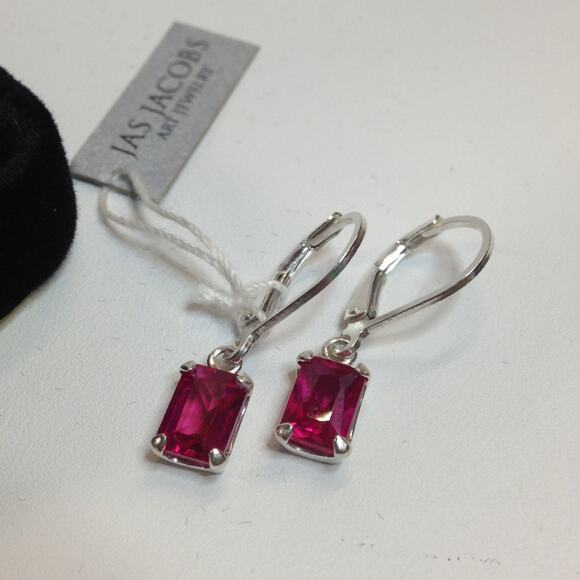 Beautiful 2ctw Emerald Cut Ruby Earrings in Sterling Silver Drop Dangle Earrings - Picture 5 of 5